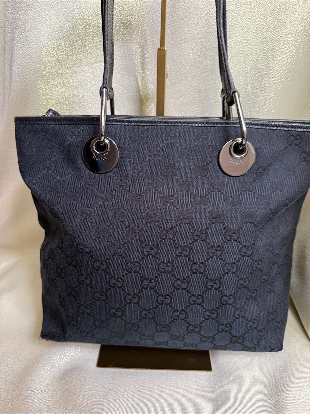 Gucci Black GG Canvas Tote with Silver Rings